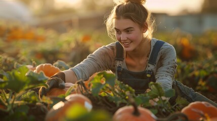 Young woman harvesting pumpkins in a field during sunset, wearing overalls and smiling while surrounded by lush greenery.