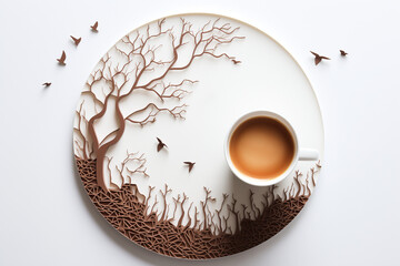 Delicate paper art featuring a leafless tree alongside a cup of coffee, evoking a sense of autumn and solitude.