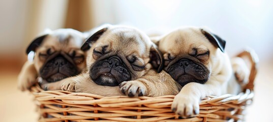 Cute pug puppies sleeping peacefully in a basket, snuggled together with audible snorts and snores