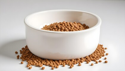 Dry cat food in a bowl, isolated on white background