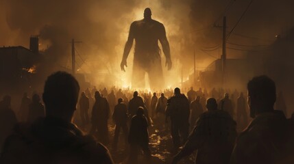 A dramatic image of a giant shadowy figure looming over a crowded, smoke-filled street during dusk, evoking a sense of apocalyptic dread.