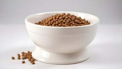 Dry cat food in a bowl, isolated on white background