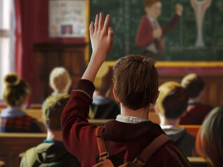 boy raising hand in class room