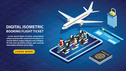 Digital isometric booking flight ticket on blue background.