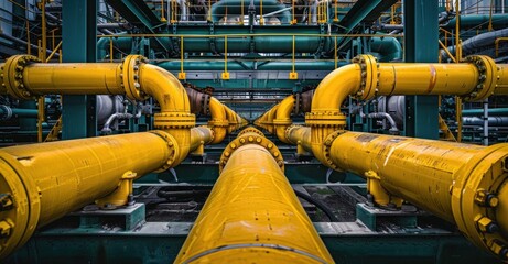 Intricate yellow gas pipelines in industrial