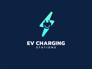 Electric vehicle charging with Plug Connector overlapping Lightning Bolt Symbol logo vector design concept. EV charging logotype symbol for Electric Car, EV station, ui, business, infographic, web.