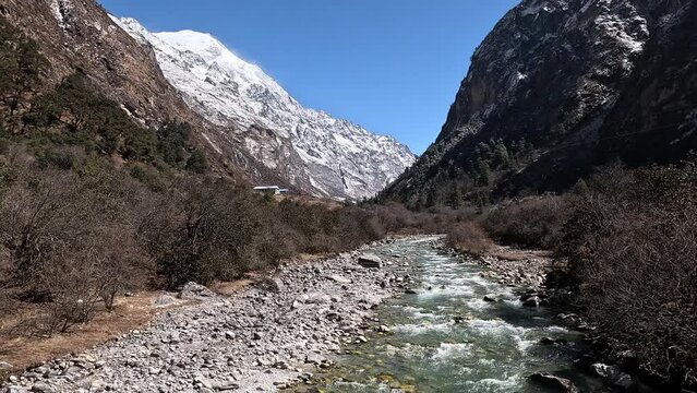 beauty of Langtang Valley, where the icy summit of Langtang Lirung towers over the serene Langtang Khola river, streaming through the lush, mountainous landscape of Nepal&rsquo;s Himalayas