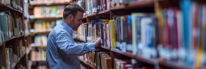 A man reaching for a book on a library shelf with various books around him