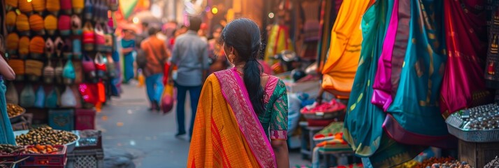 A young Indian woman in a vibrant sari walks through a bustling market