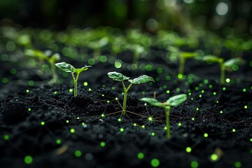 Young green seedlings growing in dark soil with glowing energy connections, symbolizing nature and technology integration.