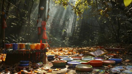An artist's studio in an enchanted forest, with vibrant ceramics drying under filtered sunlight, inspiring creativity.
