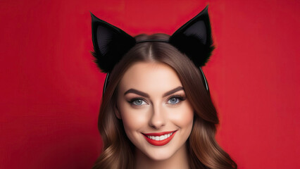 Sultry Woman in Cat Costume with Ears on Vibrant Red Background