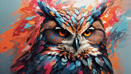 This is a painting of an owl with bright, colorful feathers.