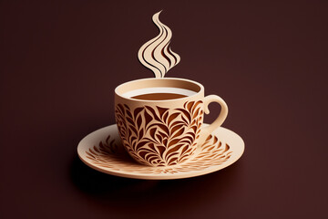 A coffee cup with a saucer on a dark brown background. The paper art design adds a unique touch to this simple set.
