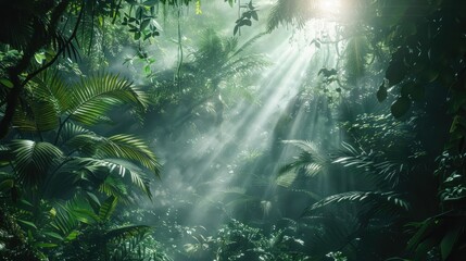 A dense, mist-covered jungle with sunlight piercing through the canopy.