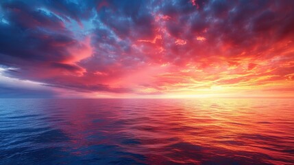 A dramatic, fiery sky at sunset over a calm ocean.