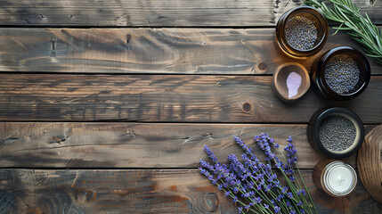 Spa cosmetics and lavender on wooden table