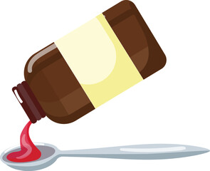 Vector illustration of a brown medicine bottle with label pouring red syrup into a spoon