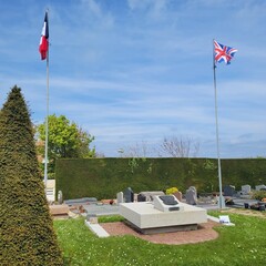 Grandcamp-Maisy, France - Apr 24 2024: Grave of Philippe Kieffer at the Grandcamp cemetery....