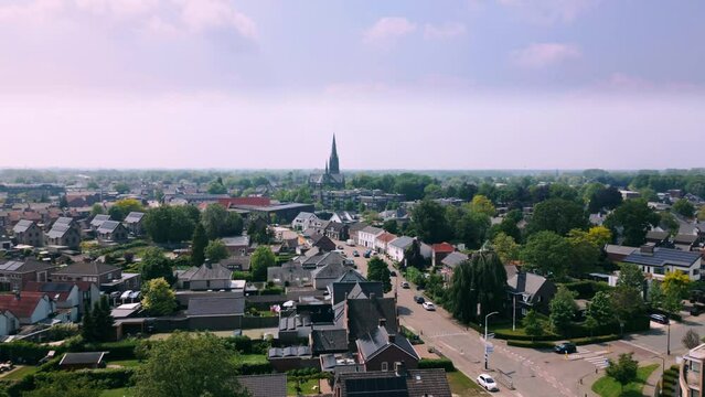 Skyline aerial of Budel town in Noord Brabant province during spring in The Netherlands