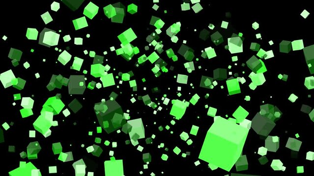 3D floating flying spinning cube shape square animation movement in space on black background visual effect geometric pattern colour green