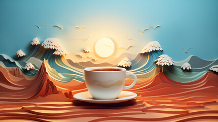 Surreal landscape with coffee cup and the rising summer sun. Blue sea waves, crafted from layers of paper, add a unique and tranquil touch to the start of the day. Travel concept in the morning.