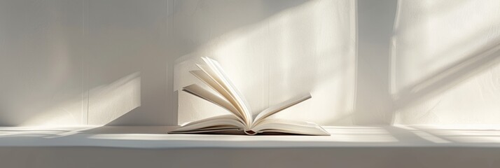 A minimalist composition of an open book resting on top of a white shelf, illuminated by soft natural light