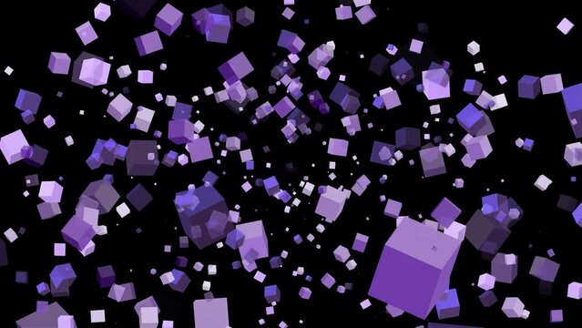 3D floating flying spinning cube shape square animation movement in space on black background visual effect geometric pattern colour purple