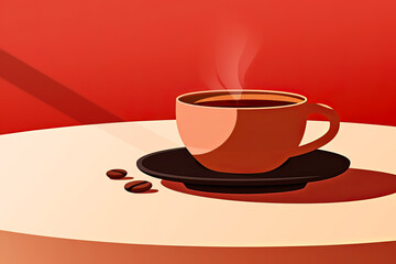 A warm cup of coffee with steam, placed on a saucer with coffee beans, against a vibrant red background in modern style with gradient colors.