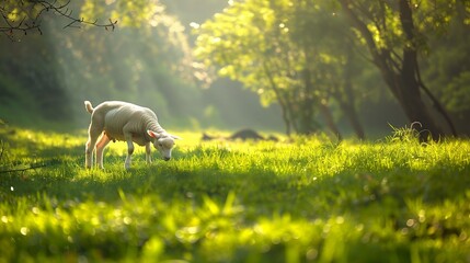 Peaceful Eid ul Adha morning with a grazing lamb in a lush green meadow, showcasing the beauty of...
