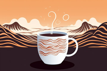 A steaming white coffee cup in abstract landscape with wavy lines and mountains in the background, illuminated by a serene sunset in shades of brown and orange.