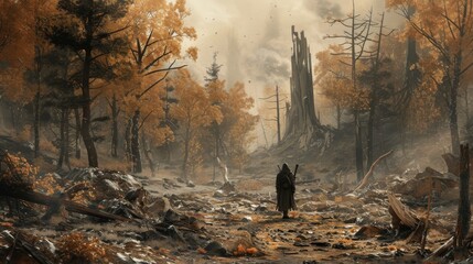 A figure in a cloak stands in a scorched forest with golden autumn leaves, facing a towering, dead tree stump and debris under a hazy sky.