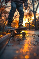 Person riding skateboard down urban street