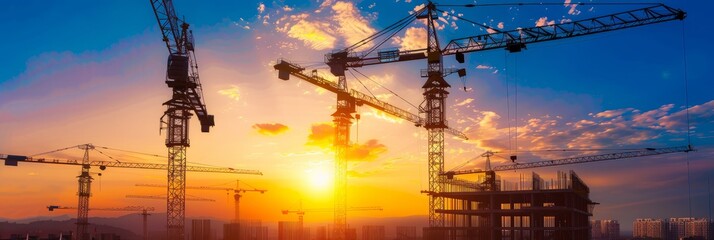A group of cranes standing next to each other at a construction site, silhouetted against the sunset sky - Powered by Adobe