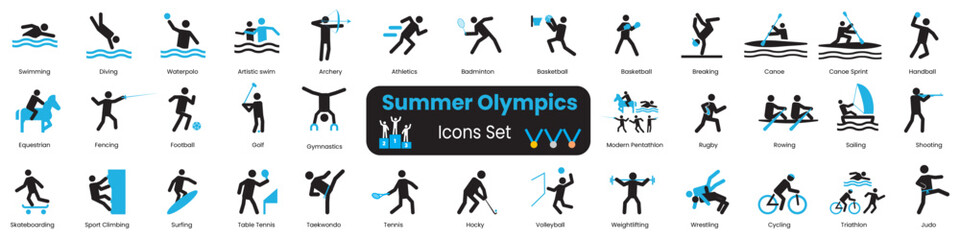 collection of sports icons. icons swimming weightlifting, basketball, taekwondo, handball, judo, fencing, golf, volleyball, cycling, Archery wrestling and more. © Sunil
