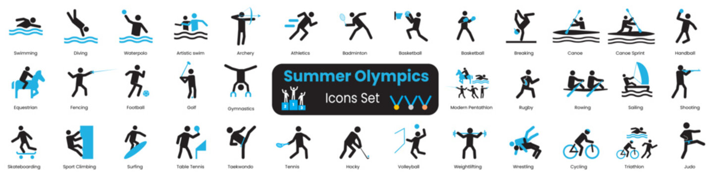 collection of sports icons. icons swimming weightlifting, basketball, taekwondo, handball, judo, fencing, golf, volleyball, cycling, Archery wrestling and more.