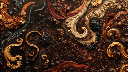 A mesmerizing abstract design featuring swirling, ornate patterns in rich shades of orange, black, and gold. The complex textures and detailed swirls create a dynamic visual effect.