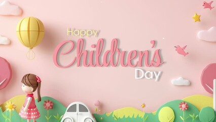 Children's day animated happy children's day lettering text background greeting world children's day 3d 4k