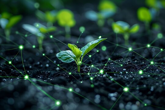 Young seedlings growing from soil with digital network concept, representing smart agriculture and technology integration in farming.
