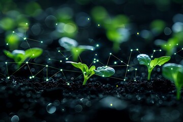 Young seedlings growing in dark soil with digital connections, symbolizing agriculture technology and growth in a futuristic environment.
