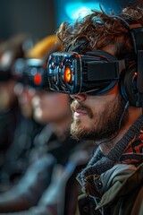 Group of people testing virtual headsets