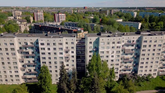 High prefab concrete apartment getto buildings in Baltic suburb drone