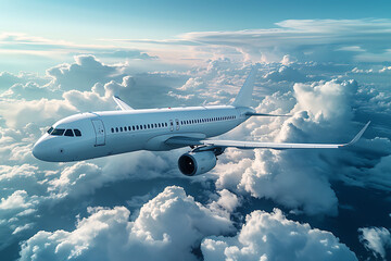 A passenger civil airplane jet flies at flight level high in the sky above the clouds and blue sky, showcasing the marvel of modern aviation and travel