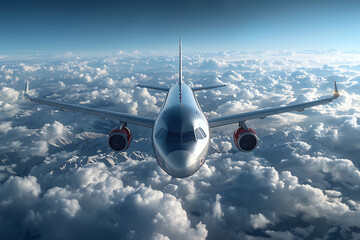 A passenger civil airplane jet flies at flight level high in the sky above the clouds and blue sky, showcasing the marvel of modern aviation and travel