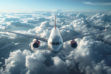 A passenger civil airplane jet flies at flight level high in the sky above the clouds and blue sky, showcasing the marvel of modern aviation and travel