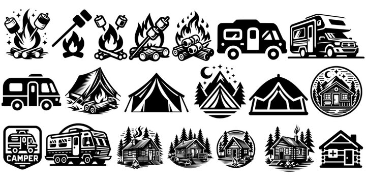 Camping Icon Set, Camping Silhouette, Camper SVG, Marshmallow SVG, Mountains SVG, Bonfire SVG, Camping Clipart, Camping Cut file for Cricut