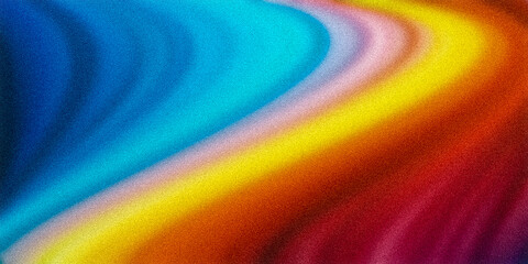 Grainy ultra-wide pixel background with multicolored waves of the dune in dark yellow red purple blue azure pink orange gradient. Ideal for design, banners, wallpapers, templates, creative projects