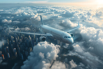 A passenger civil airplane jet flies at flight level high in the sky above the clouds and blue sky, showcasing the marvel of modern aviation and travel