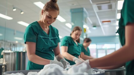 Team of staff members in uniforms performing their occupation duties, including washing, captured in a soft focus photo