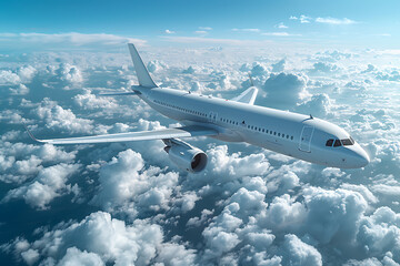 A passenger civil airplane jet flies at flight level high in the sky above the clouds and blue sky, showcasing the marvel of modern aviation and travel